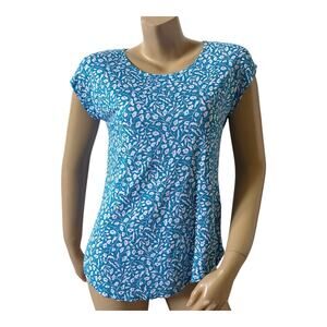 Rachel Ashwell Linen Top Womens Small Blue White Floral Cap Sleeve Scoop Neck